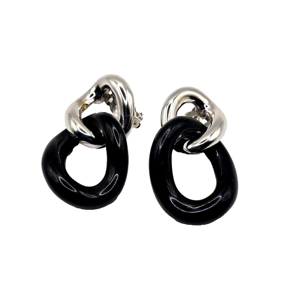 Vintage Givenchy Signed Black and Silver Large Link 2" dangle Clip Earrings